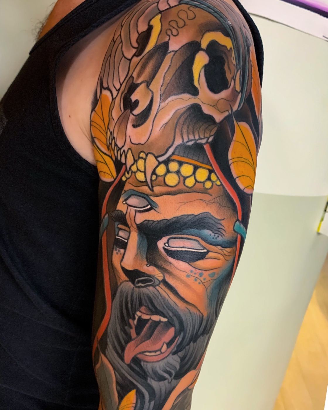 Japanese samurai masker tattoo door Alex, Cobra Gold Tattoo Studio in Balen