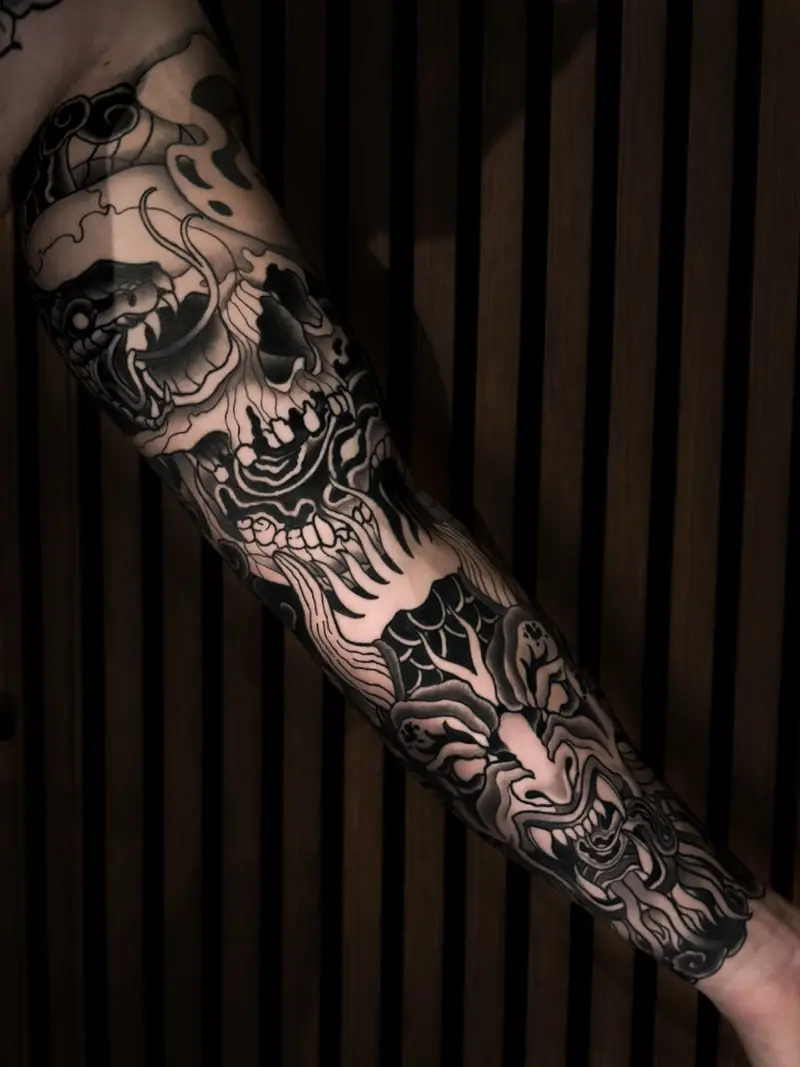 Japanese black and grey sleeve tattoo by Naomy K., Cobra Gold Balen
