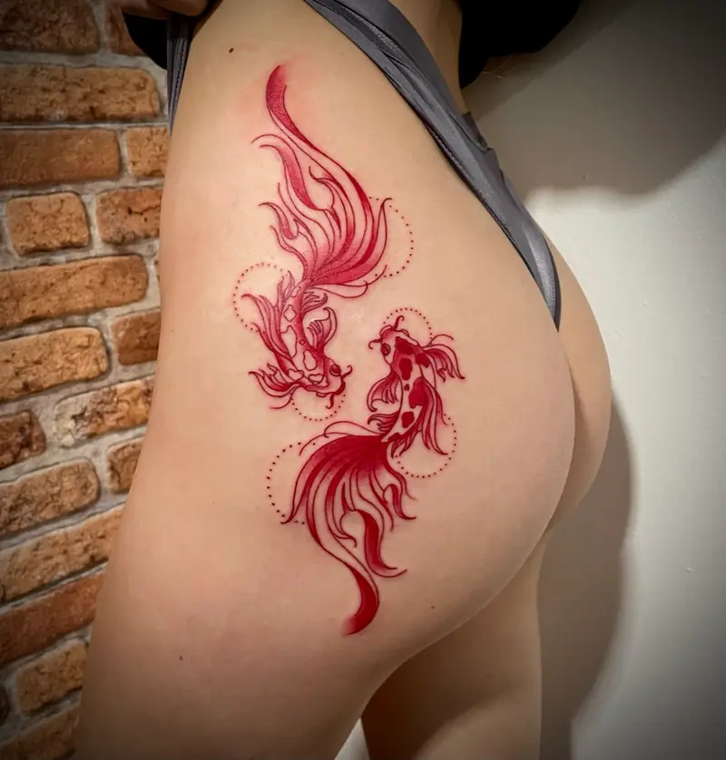 Red fine line koi fish tattoo by Naomy K., Cobra Gold Balen